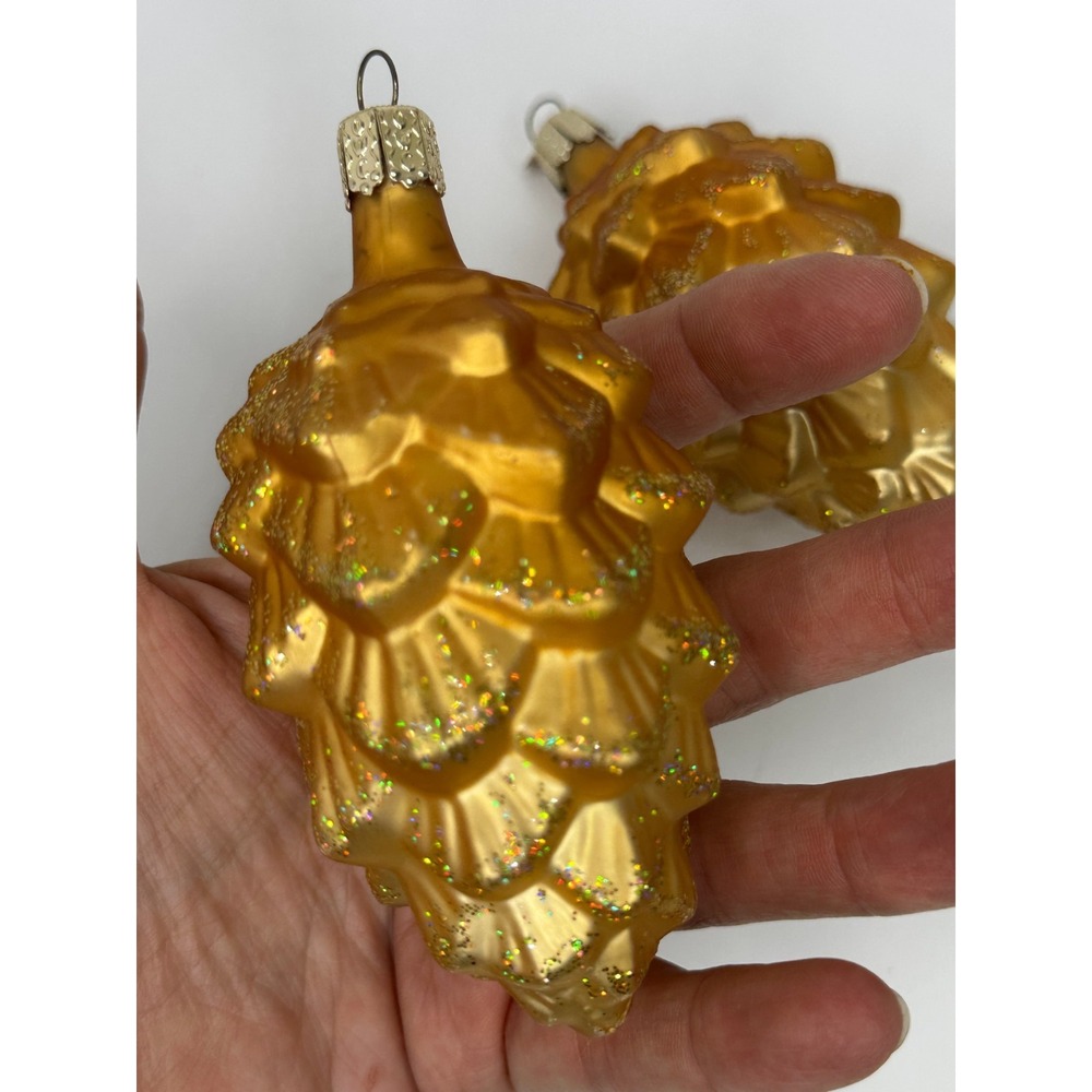 Old World Christmas Pine Cone Glass ornaments Gold Glitter Set of 2